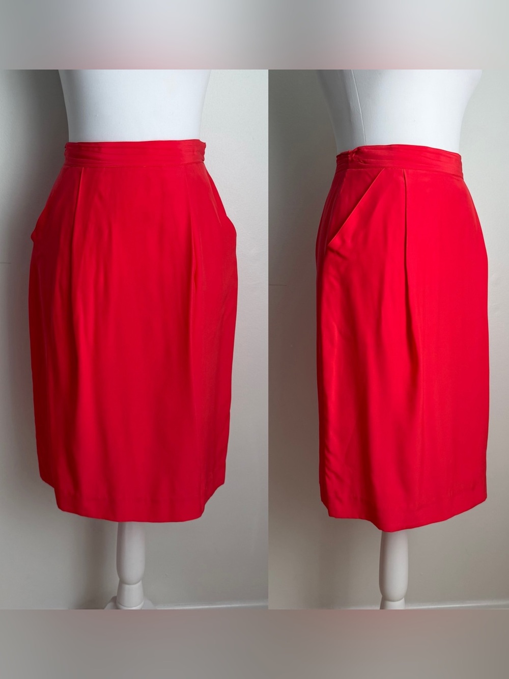 Vintage Coral 100% Silk Skirt with Pockets by Flora Kung, 26.5" Waist